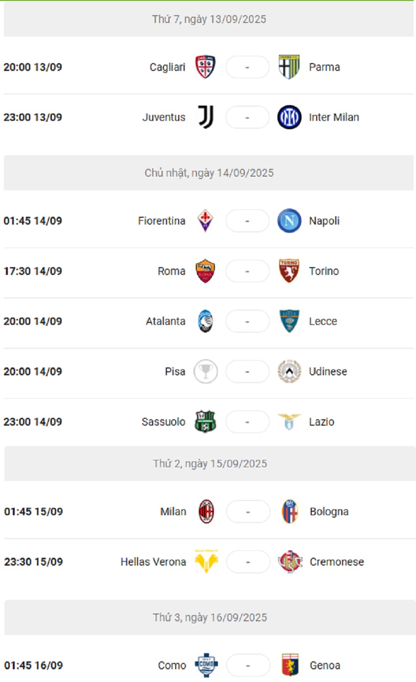Cập nhật lịch thi đấu Serie A 2025/26 vòng 3 Lich thi dau Serie A 2025/26 vong 3