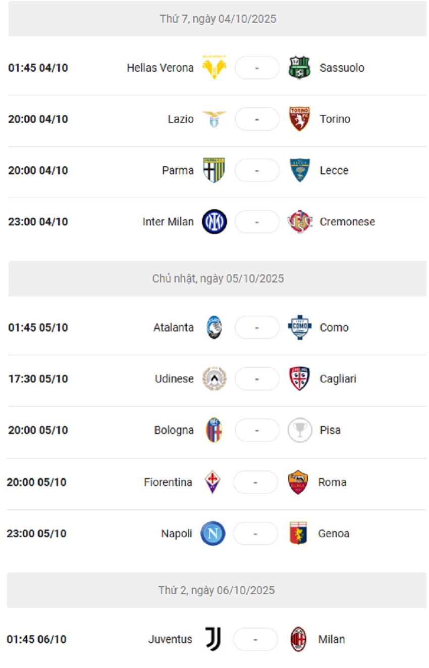 Lich thi dau Serie A 2025/26 vong 6