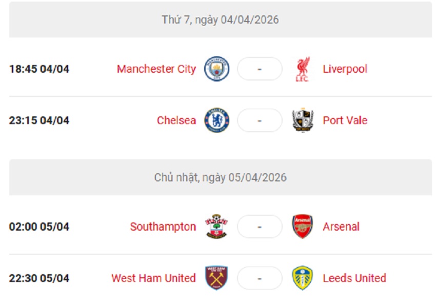 Lịch thi đấu FA CUP 2025/26 vòng tứ kết Cap nhat lich thi dau FA CUP 2025/26 vong tu ket