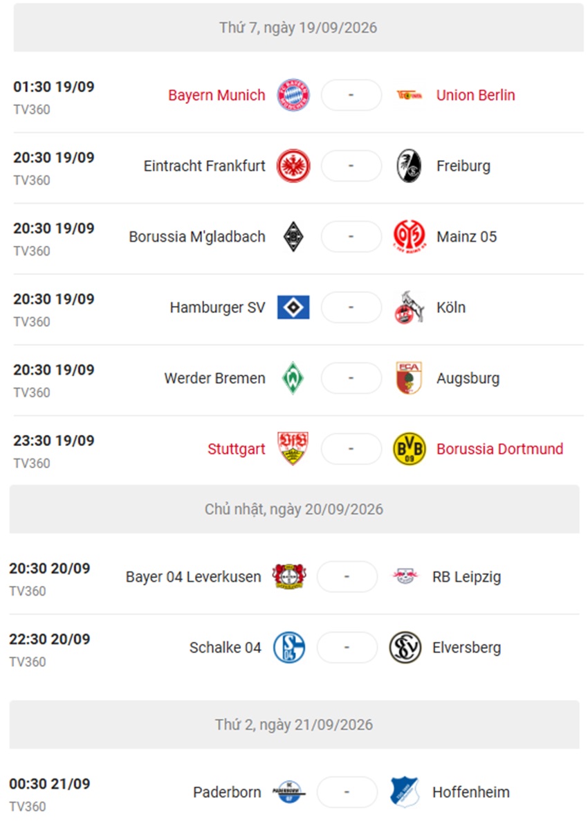 Cập nhật lịch thi đấu Bundesliga 2026/2027 vòng 4 Lich thi dau Bundesliga 2026/2027 vong 4